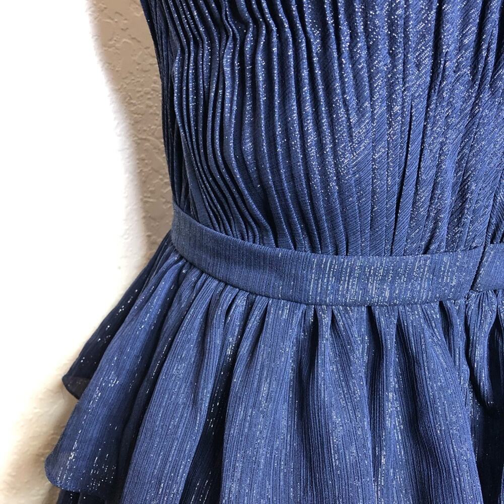 IEENA for Mac Duggal navy metallic tiered ruffle sleeveless midi formal dress 4 - Picture 13 of 16